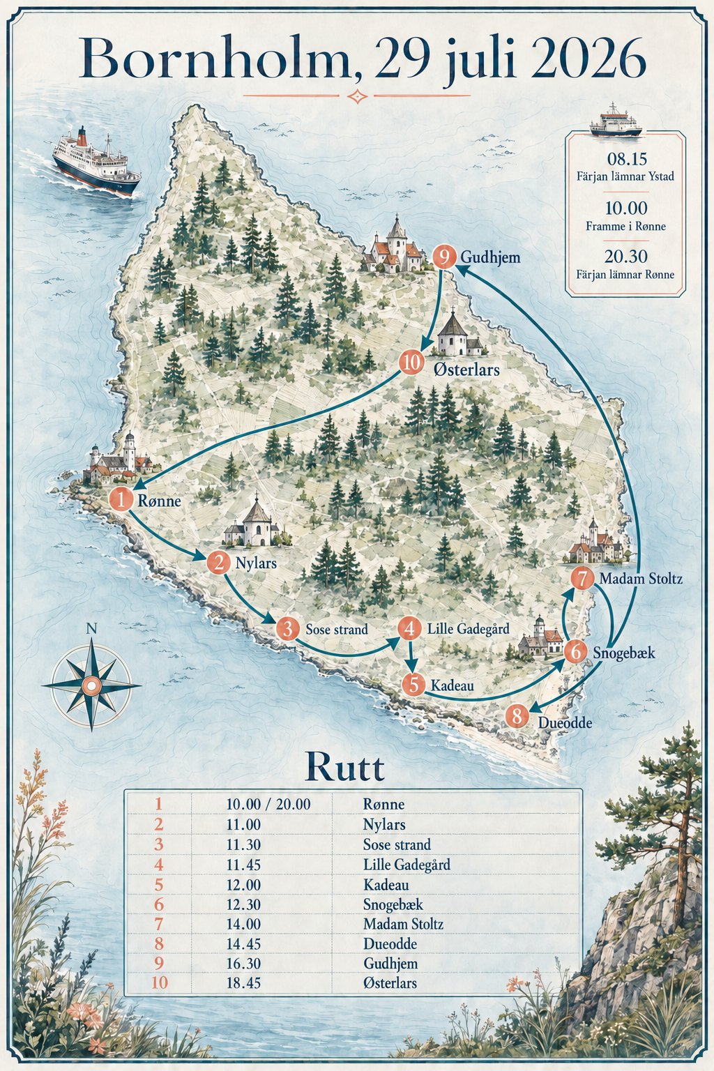 Karta över resvägen på Bornholm den 29 juli 2026. Klicka på en markör för att gå till platsens avsnitt.