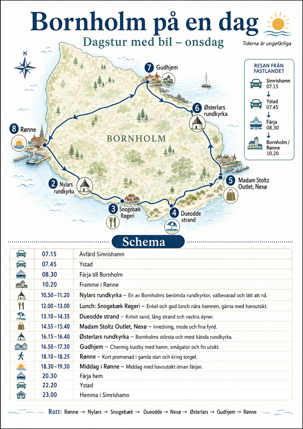 Illustrerad A4-karta över dagsrutten på Bornholm